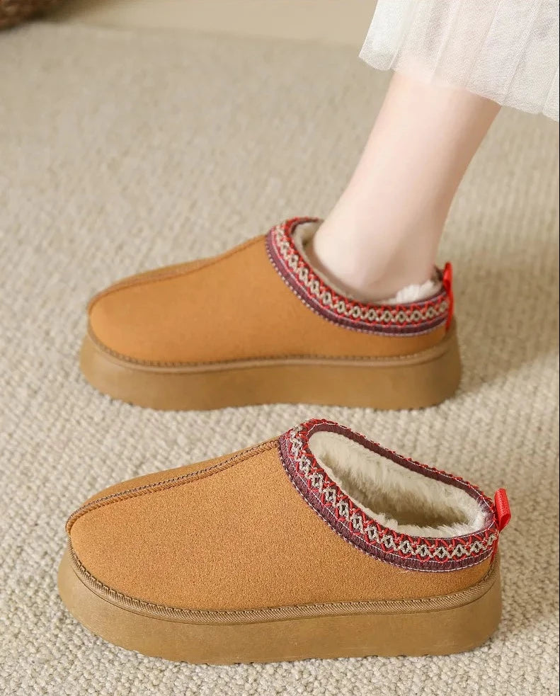 Women Retro Suede Leather Canvas Winter Slippers