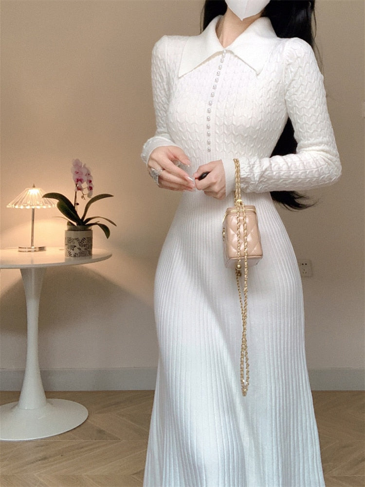 High Quality Fall Winter Simple Solid Long-sleeved Lapel Sweater Dress Women Luxury Beaded Slim A-line Knitted Mid-length Dress