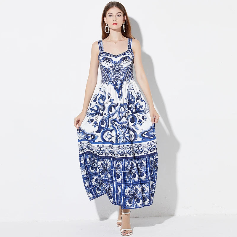 Women Porcelain Print Spaghetti Strap Maxi Dress