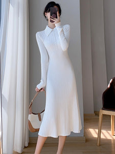 High Quality Fall Winter Simple Solid Long-sleeved Lapel Sweater Dress Women Luxury Beaded Slim A-line Knitted Mid-length Dress