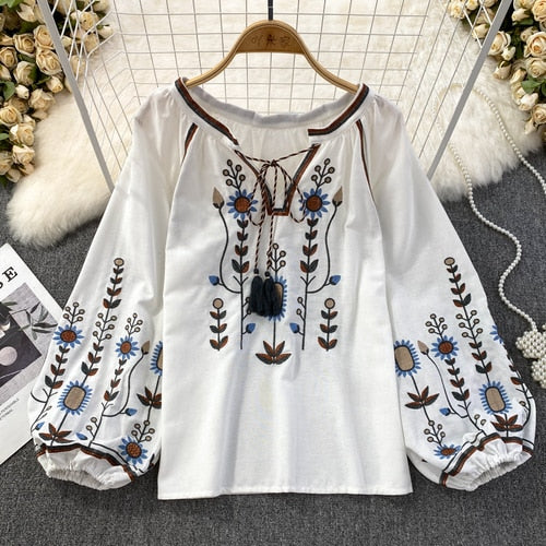 Women Embroidered O-Neck Loose Fit Blouse