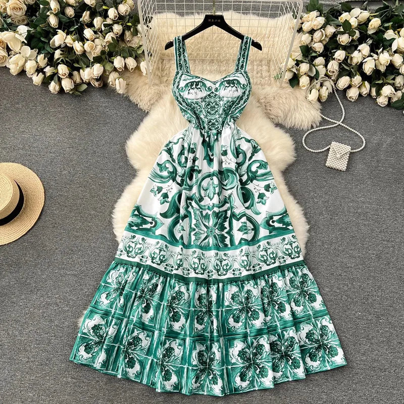 Women Porcelain Print Spaghetti Strap Maxi Dress