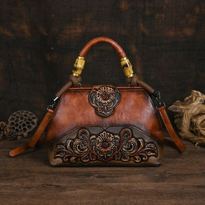 Women Vintage Leather Handmade Carved Bag