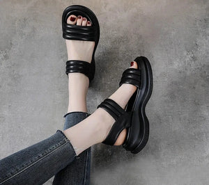 Women Genuine Leather Peep Toe Rubber Sandals