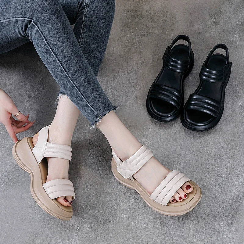 Women Genuine Leather Peep Toe Rubber Sandals