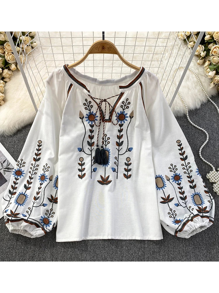 Women Retro Embroidered Casual Blouse