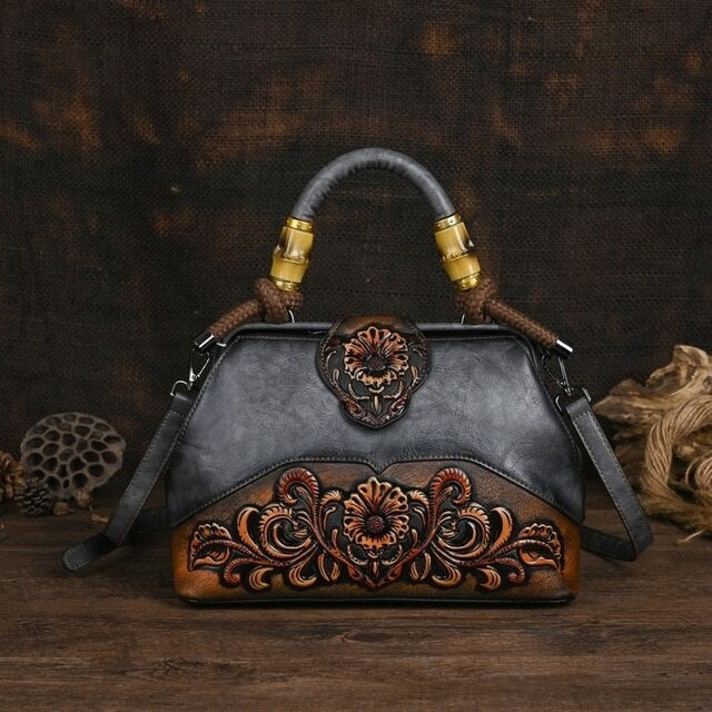 Women Vintage Leather Handmade Carved Bag