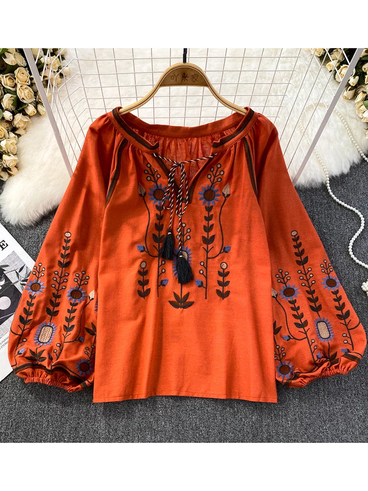 Women Retro Embroidered Casual Blouse