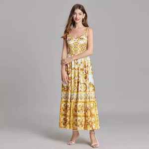 Women Porcelain Print Spaghetti Strap Maxi Dress