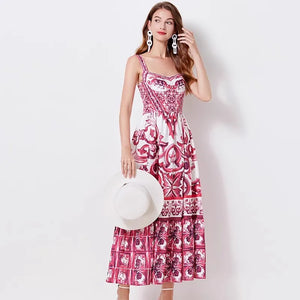 Women Porcelain Print Spaghetti Strap Maxi Dress