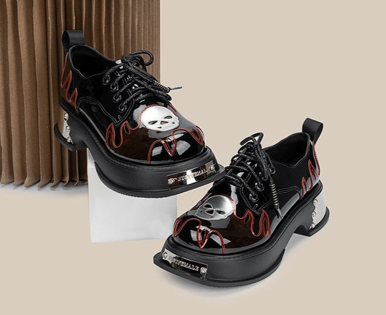 Women Goth Skull Patent Leather Oxford Platform Shoes