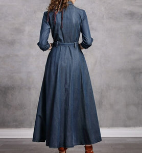 Women Boho Denim Turn-down Collar Dress