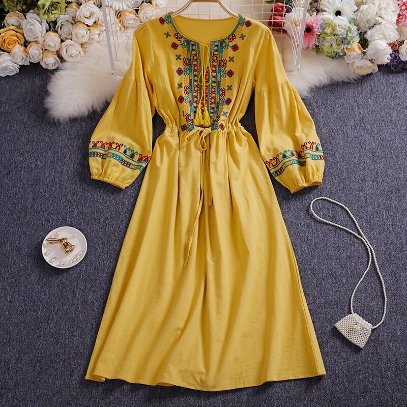Women Bohemian Embroidered Floral O-Neck Dress
