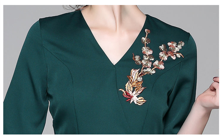 Women Floral Embroidery Vintage Cocktail Robe Dress