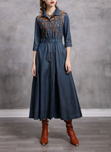 Women Boho Denim Turn-down Collar Dress