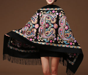 Women Floral Embroidery Shawl Pashmina Cashmere Scarf