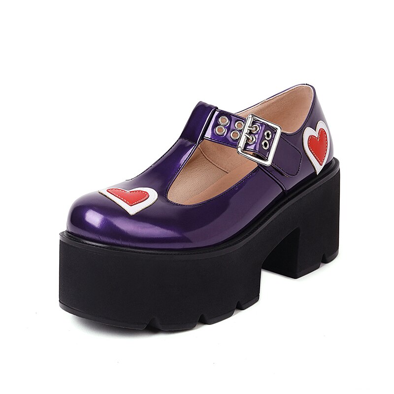 Women Chunky Goth Platform T Strap Heart Shoes