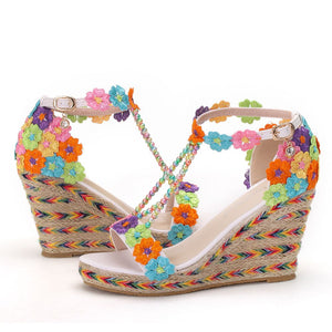 Women Handmade Floral Wedge Open Toe Sandals