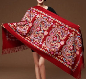 Women Floral Embroidery Shawl Pashmina Cashmere Scarf