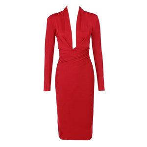 Women V Neck Draped Long Sleeve Midi Bandage Dress