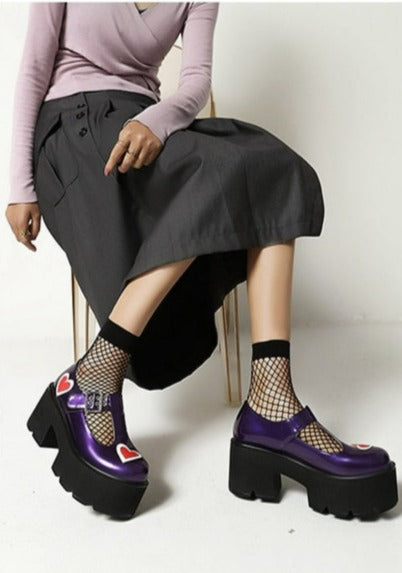 Women Chunky Goth Platform T Strap Heart Shoes