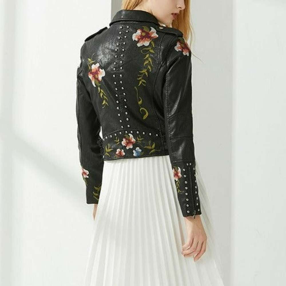 Women Retro Floral Print Embroidery Faux Soft Leather Jacket – Qararli