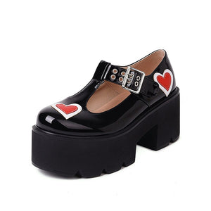 Women Chunky Goth Platform T Strap Heart Shoes