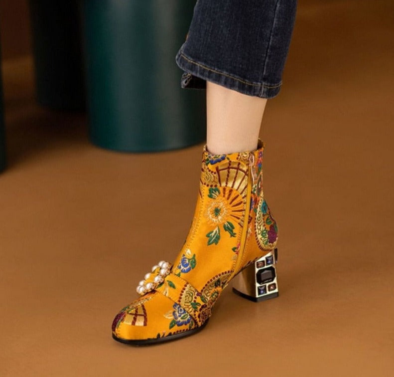 Women Embroidery Ankle High Heels Boots