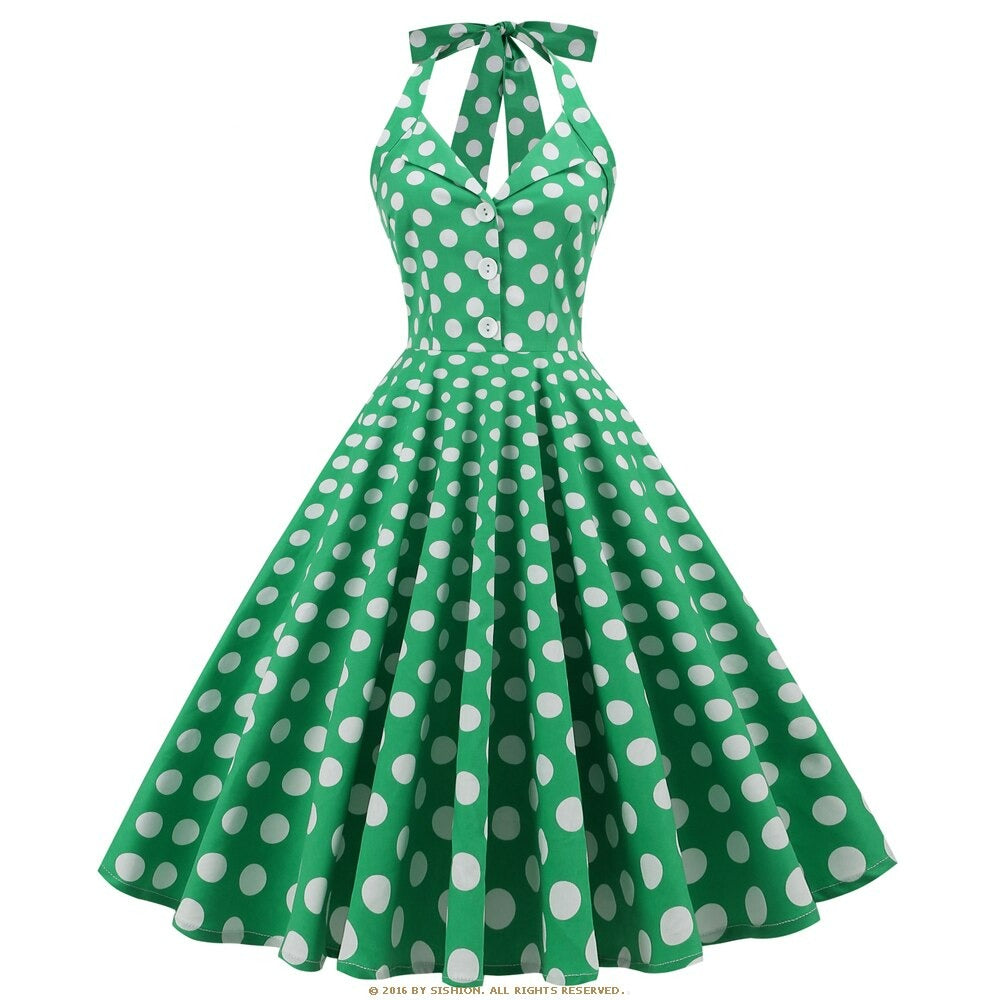 Women Vintage Polka Dot Swing Robe Rockabilly Retro Dress