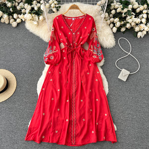 Women Bohemian Embroidery Lace Up Vestidos Dress