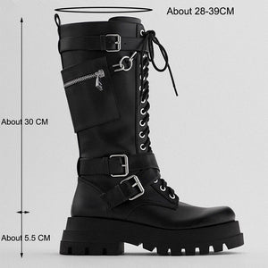 Women Punk Goth Platforms Motorcycle Pocket Bags Zipper Lace Up Combat Boots