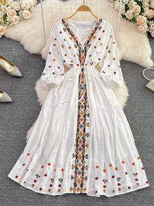 Women Retro Embroidered Puff Sleeves Dress