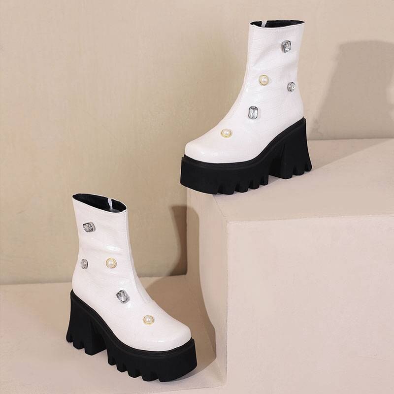 Women Mid-Calf Chunky Platform Rhinestone Boots