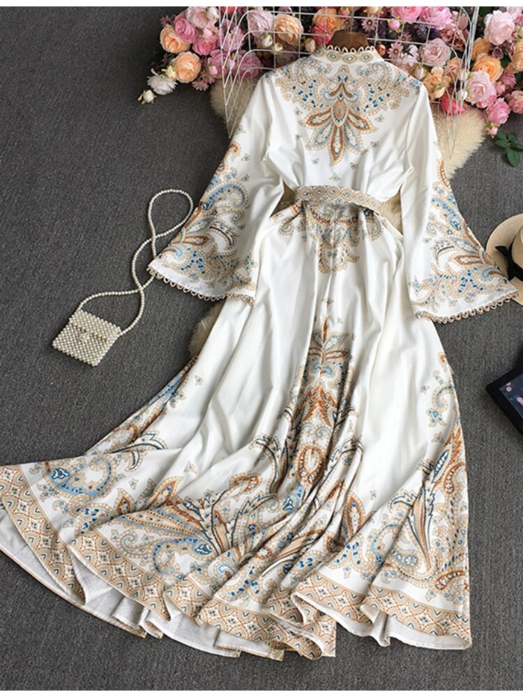 Women Flare Sleeve Belted Elegant A-line Dress