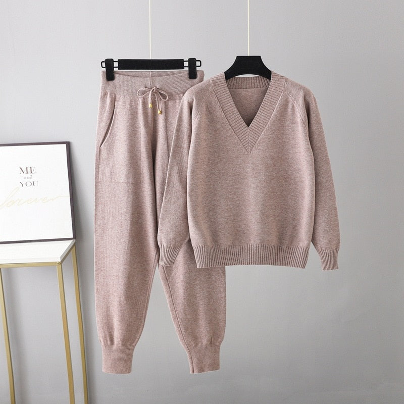 Two Piece Women Knit Sport Suits V Neck Women Sweater Drawstring Harem Pants Jogging Pants Pullover Sweater Set Knitted Outwear