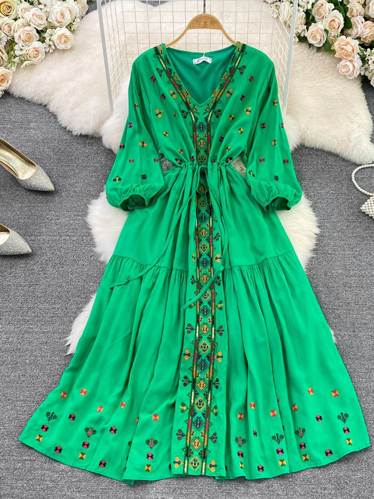 Women Retro Embroidered Puff Sleeves Dress
