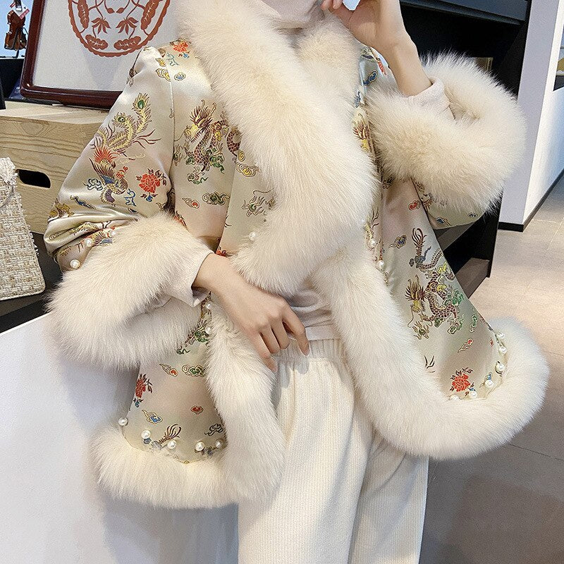 Women Embroidery Thick Warm Winter Luxury Furry Jacket