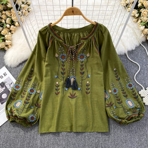 Women Embroidered O-Neck Loose Fit Blouse