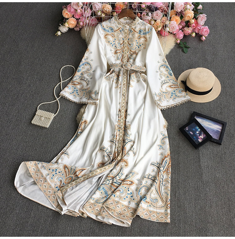 Women Flare Sleeve Belted Elegant A-line Dress