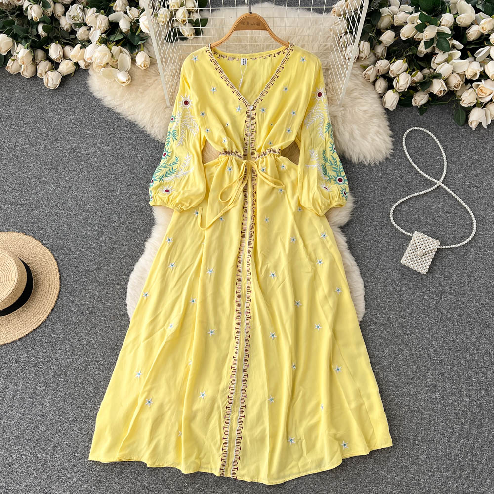 Women Bohemian Embroidery Lace Up Vestidos Dress