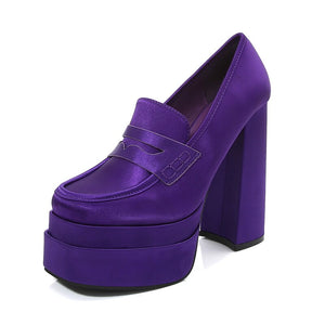 Women Chunky Heeled Satin Loafers Slip On High Heels Shoes