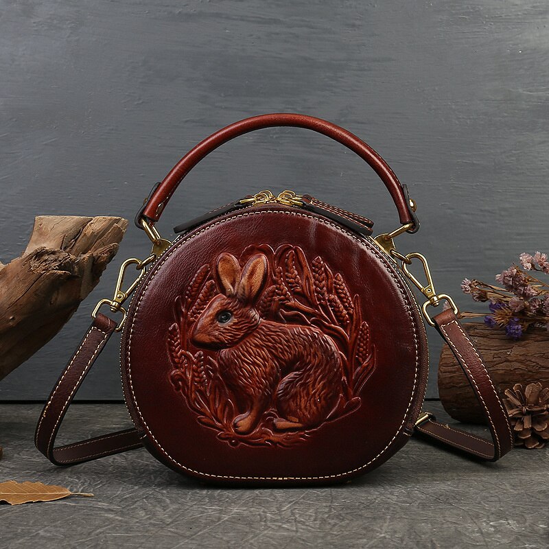 Women Retro Round Genuine Leather Handbags