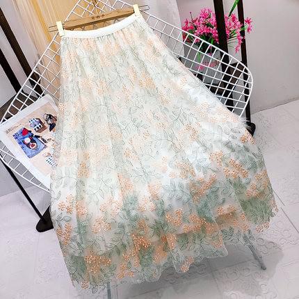 Women Embroidery Floral Mesh Long Skirt