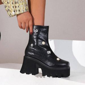 Women Mid-Calf Chunky Platform Rhinestone Boots