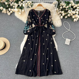 Women Bohemian Embroidery Lace Up Vestidos Dress