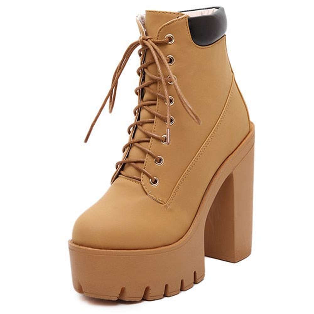 Women Platform Ankle Lace Up Thick Heel Worker Boots