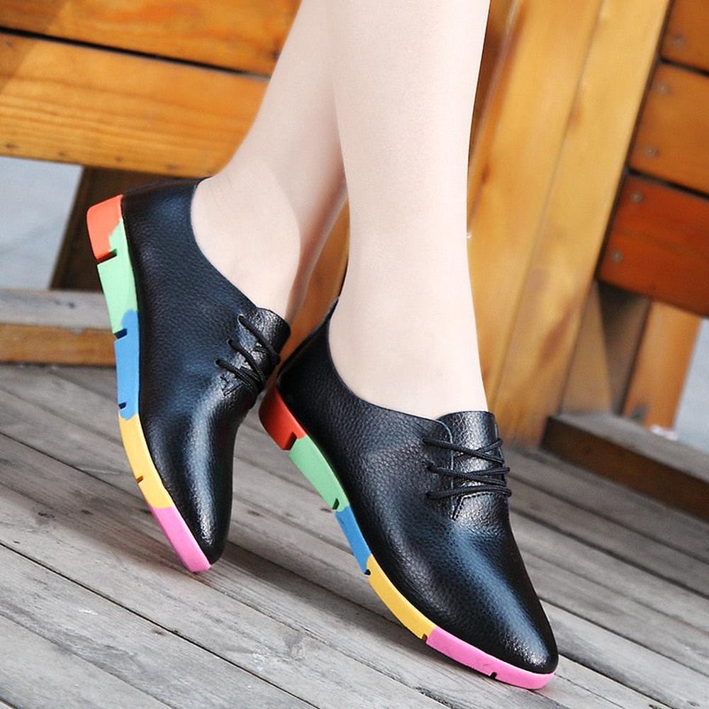 Women Loafer Cow Genuine Leather Soft Pigskin Casual Lace Up Shoes Flats