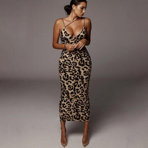 Women's Leopard Print Sleeveless V-neck Midi Dress