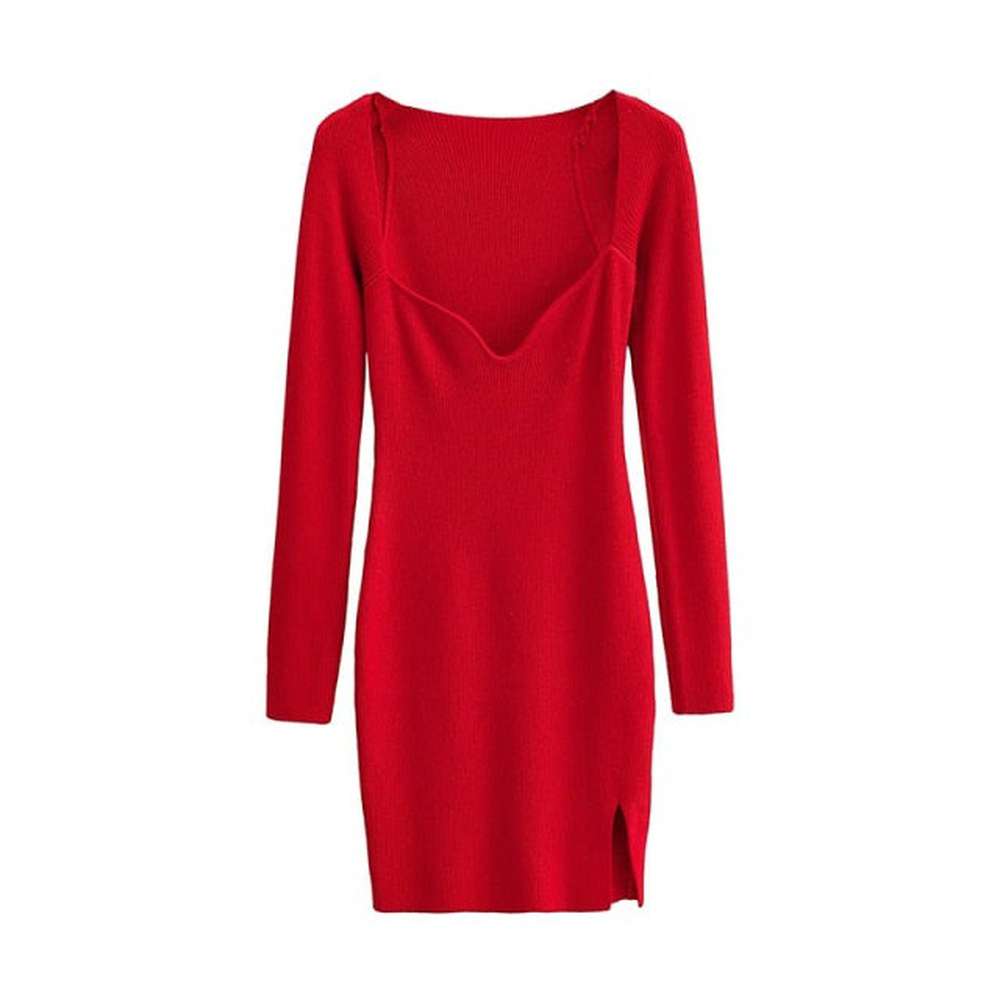 Women Elegant Square Neck Ribbed Knitted Dresses