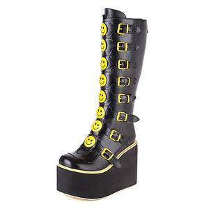 Women Yellow Smiley Face Gothic Buckle Strap Platform Wedges Heel Winter Punk Shoes